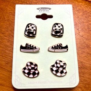 NWT Black, white & gold earrings. Set/3. Trendy shoes, backpack & bucket hat.